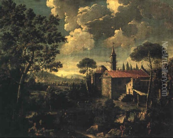 Landskap Med Byggnader Och Figurer Oil Painting - Giovanni Battista Cimaroli
