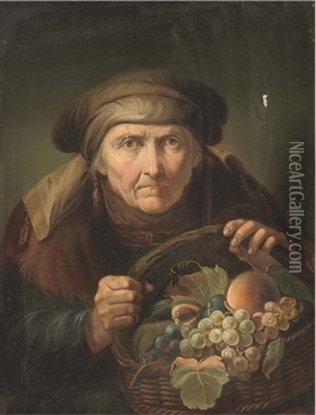 An Old Woman With A Basket Of Fruit Oil Painting - Giuseppe Nogari