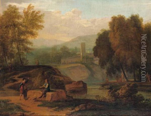 An Italianate Landscape With 
Figures Conversing On The Banks Of A River, Mountains Beyond Oil Painting - Jan Frans Van Bloemen (Orizzonte)