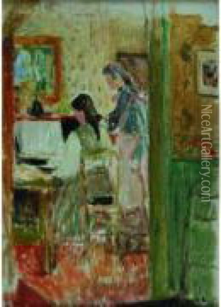  Interieur, Jeune Femme Au Piano, Circa 1908  Oil Painting - Eugene Antoine Durenne