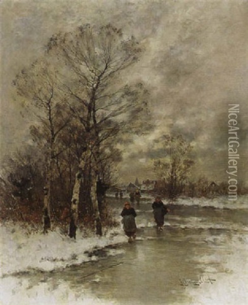 A Winter Landscape With Figures On A Frozen River Oil Painting - Johann Jungblut