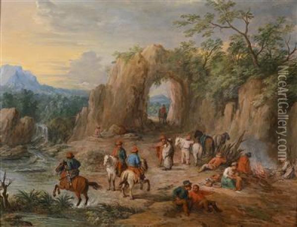 Travellers In A Rocky Landscape Oil Painting - Theobald Michau