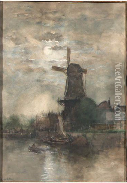 A Moonlit Windmill Oil Painting - Fredericus Jacobus Van Rossum Du Chattel