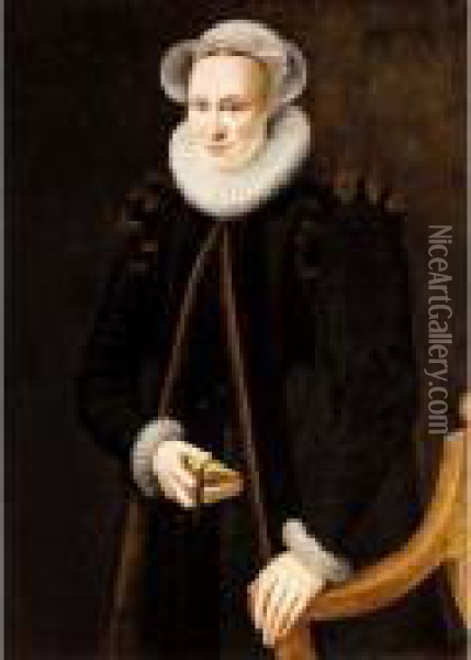 A Portrait Of A Lady, 
Three-quarter Length, Wearing A Black Coat And A White Ruff, Holding A 
Book Oil Painting - Adriaen Thomasz Ii Key