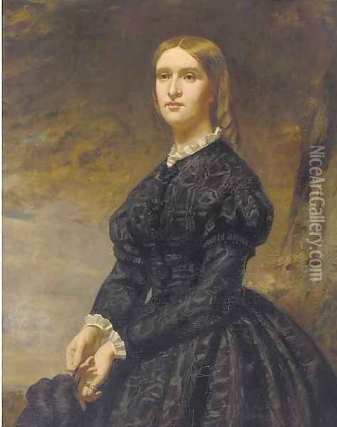 Portrait of a lady, three-quarter-length, in a black dress with white lace trim Oil Painting - English School