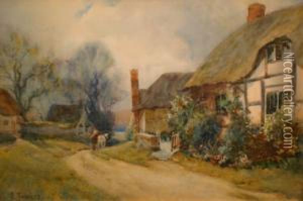 Two Horses On A Road Through The Pretty Village Of Welford On Avon Oil Painting - Samuel Towers