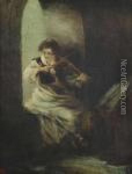 A Fiddling Monk. 
Oil/canvas/cardboard, Monogrammed, Verso On The Cardboard Two Old 
Attributions To Uhde In Handwriting By Marie-luise Von Criegern And 
Franz Furstmann Oil Painting - Fritz von Uhde