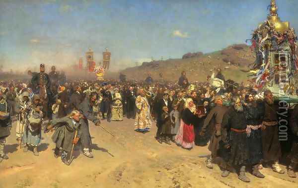 A Religious Procession in the Province of Kursk, 1880-83 Oil Painting - Ilya Efimovich Efimovich Repin