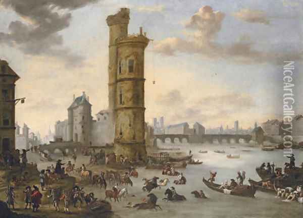 Horsemen bathing their mounts at the Tour de Nesle with the Porte de Nesle and the Pont-Neuf beyond, Paris Oil Painting - Philips Wouwerman