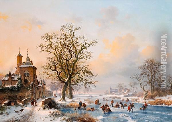 Winter Landscape With Skaters Near A Castle Oil Painting - Frederik Marianus Kruseman