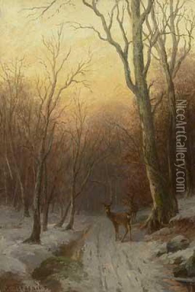 Abendstimmung Uber Winterlichem Waldweg Mit Rehwild Oil Painting - Richard Hermann Jul. Fresenius