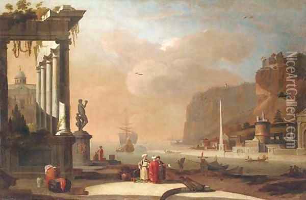 A Mediterranean harbour with Oriental merchants conversing by a ruined temple Oil Painting - Thomas Wyck