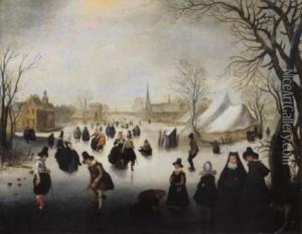 Hollandische Winterlandschaft Mit Eislaufern Und Kolfspielern Oil Painting - Adam van Breen