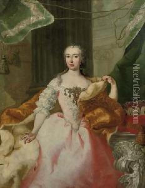 Portrait Of Maria Theresia Von 
Habsburg, Three-quarter-length, In A Pink Dress With A Lace Bodice And 
Sleeves And An Ermine Robe, A Jewel With The Portrait Of Her Future 
Husband On Her Breast, Standing Before A Column Oil Painting - Ircle Of Martin Van Mytens