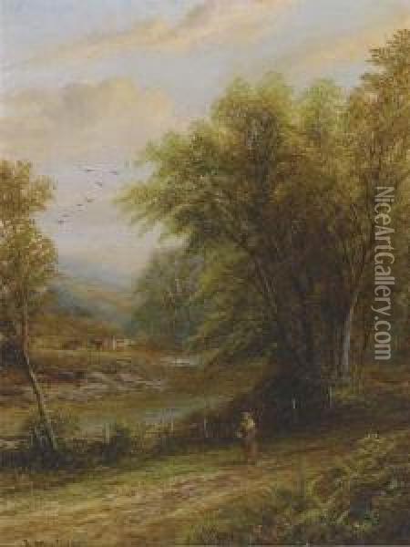 A Lady Ambling Along A Riverside Track Oil Painting - John Mellor