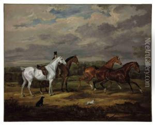 Favorite Hunters Of Richard William Penn, 1st Earl Howe , With Gopsall Hall, Leicestershire In The Background Oil Painting - William Webb