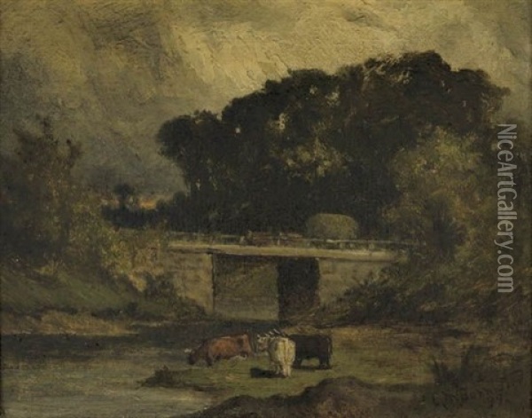 Untitled (landscape With Bridge And Cows) Oil Painting - Edward Bannister