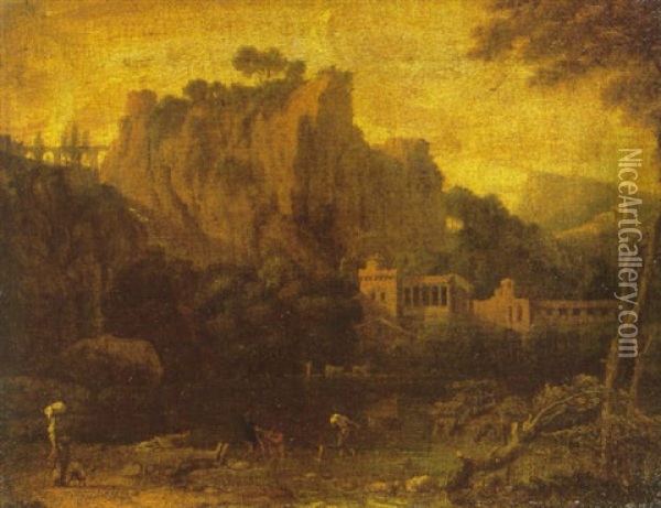 An Italianate Landscape With Fishermen Drawing In Their Nets In The Foreground, A Classical Villa And Rocky Outcrop Beyond Oil Painting - Francisque Millet