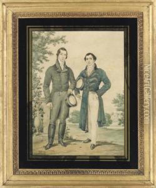 Portrait Of Two Gentleman, 
Standing Full-length, In A Parklandscape, Both In Elaborate Costume, 
Holding Top Hats Oil Painting - James Warren Childe