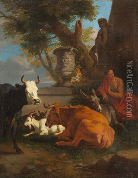 Hirte Mit Esel, Kuhen Und Ziegen, Im Hintergrund Ein Skulptural Geschmucktes Grabmal Oil Painting - Karel Dujardin