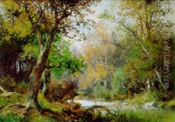 Waldlandschaft Mit Rotwild Am Flussufer Oil Painting - Carl Hasch