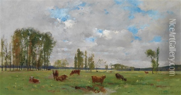 Cows In The Meadow Oil Painting - Pierre Emmanuel Eugene Damoye