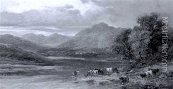 Highland Landscape With Cattle Watering Oil Painting - William Langley