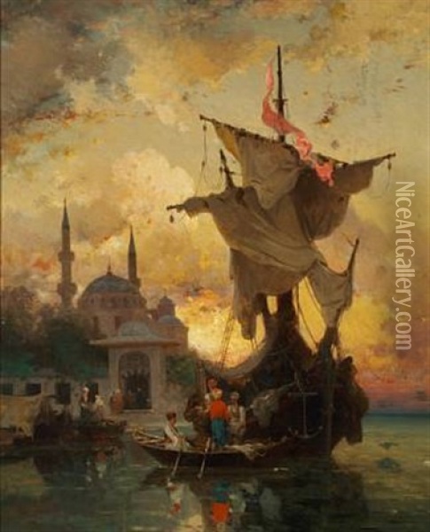 Night Scene In Constantinople With Men In A Sailing Boat Oil Painting - Germain Fabius Brest