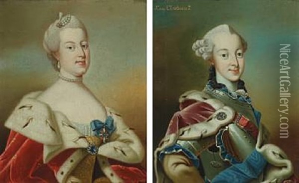 Portraits Of King Christian Vii And Queen Louise Of Denmark (pair) Oil Painting - Peder Wichmann