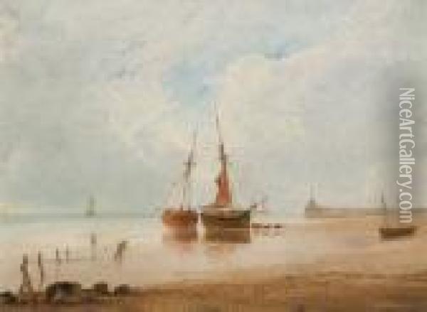Beached Fishing Vessels At Low Tide Oil Painting - Anthony Vandyke Copley Fielding