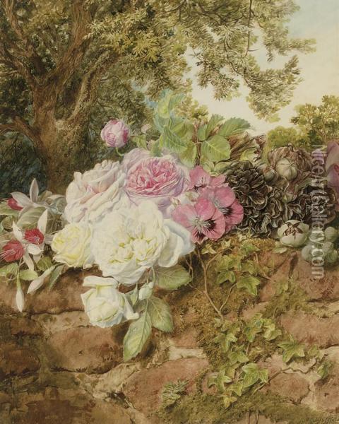 Roses, Fuschia, Poppies And Hollyhocks On A Brick Wall Oil Painting - Mary Elizabeth Duffield