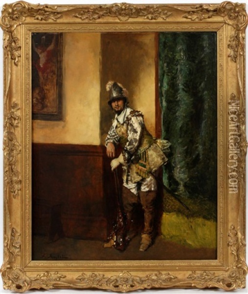 Standing French Soldier In Armor Oil Painting - Ferdinand Victor Leon Roybet