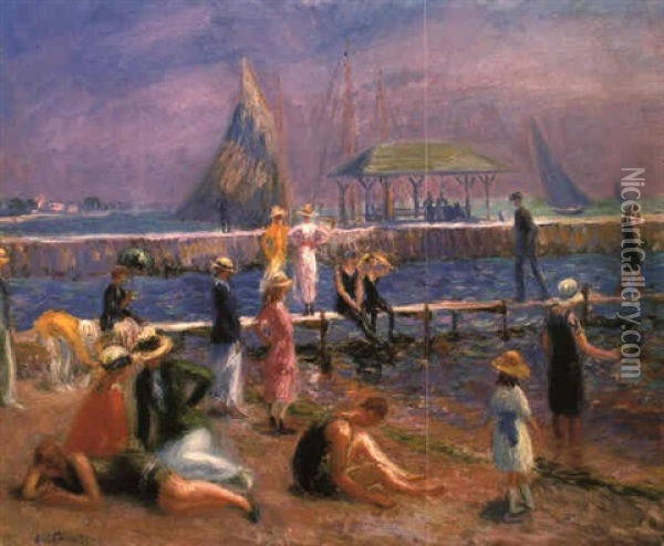 Town Pier - Blue Point, Long Island Oil Painting - William Glackens