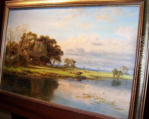 Near Yarmouth 
 Church And Cattle By A River Oil Painting - Robert Gallon