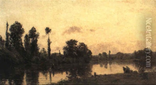Washerwomen And Fishermen On A Riverbank Oil Painting - Hippolyte Camille Delpy