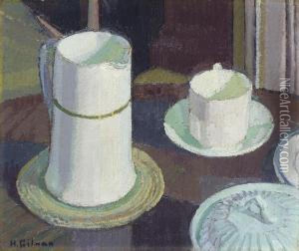 Still Life Of White Cup, Saucer And Jug On A Table Oil Painting - Harold Gilman