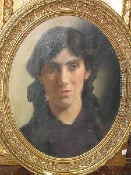 Portrait Of A Lady, Head And Shoulders, With Long Plaited Hair, Wearing Purple Blouse Oil Painting - James Jebusa Shannon