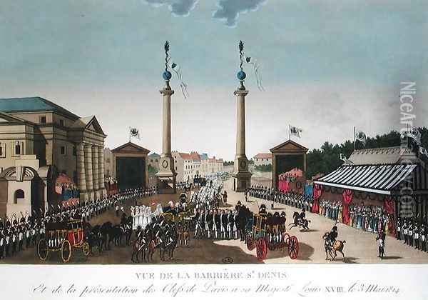 Presentation of the Keys of Paris to King Louis XVIII at the Barriere Saint-Denis on 3rd May 1814, c.1815-20 Oil Painting - Henri Courvoisier-Voisin