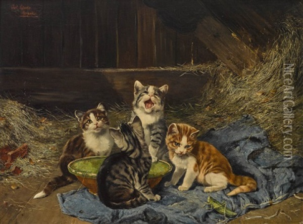 Vier Katzchen Mit Heuschrecke Im Stall Oil Painting - Julius Adam the Younger