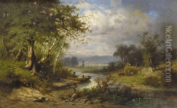 Baumbestandene Uferlandschaft Oil Painting - Hermann Hartwich