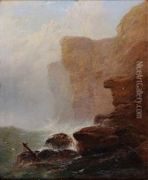 A Stormy Sea Against Rocky Cliffs, Signed Anddated 1894 Oil Painting - George Blackie Sticks