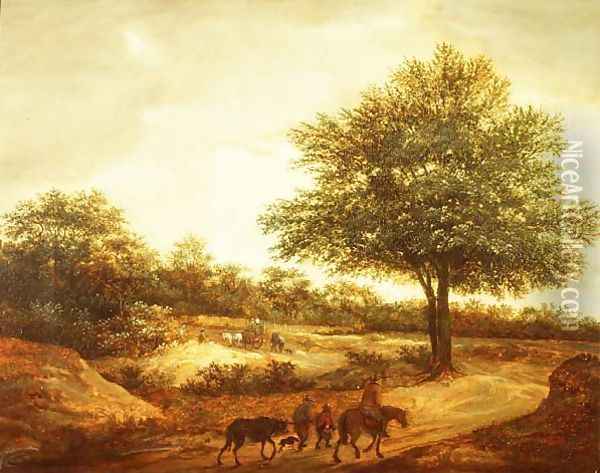 A wooded landscape with travellers on a path, a cottage beyond Oil Painting - Guillam de Vos