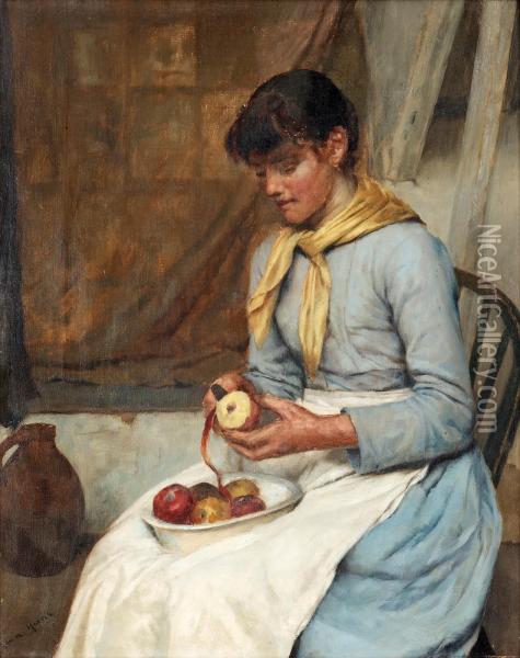 Young Woman Peeling Apples Oil Painting - Edwin Harris