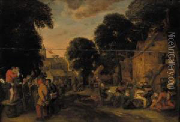 A Village Fair With A Quack And Boors Fighting Outside An Inn Oil Painting - Joos van Craesbeeck
