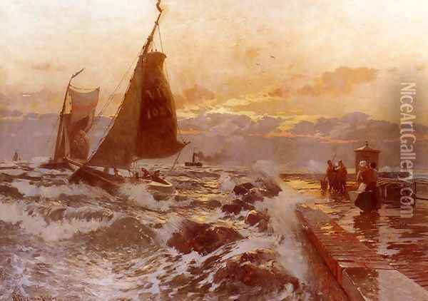 Sailing Ships Returning In Heavy Seas Oil Painting - Heinrich Petersen-Angeln