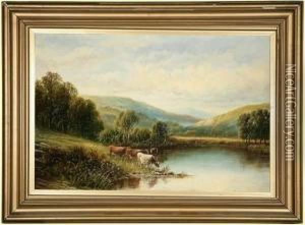Cows Watering Oil Painting - Henry Harris