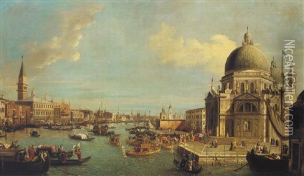 The Entrance To The Grand Canal, Venice, Showing The Visit Of The Doge To Santa Maria Della Salute Oil Painting - William James