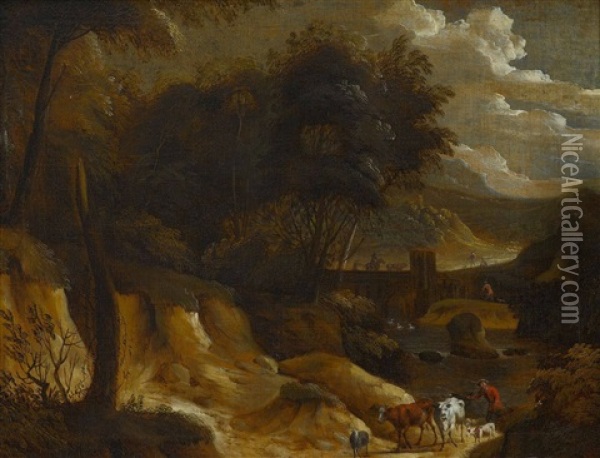 Hirte Mit Vieh Am Ufer In Flusslandschaft Oil Painting - Cornelis Huysmans