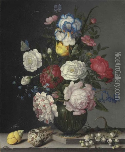 Roses, Anemone, Iris, Hyacinth, Lily Of The Valley, And Forget-me-nots, With Insects, Shells And A Lizard On A Stone Ledge Oil Painting - Balthasar Van Der Ast