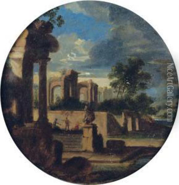 A 'capriccio' Of Classical Ruins In A Stormy Landscape Oil Painting - Jean Lemaire